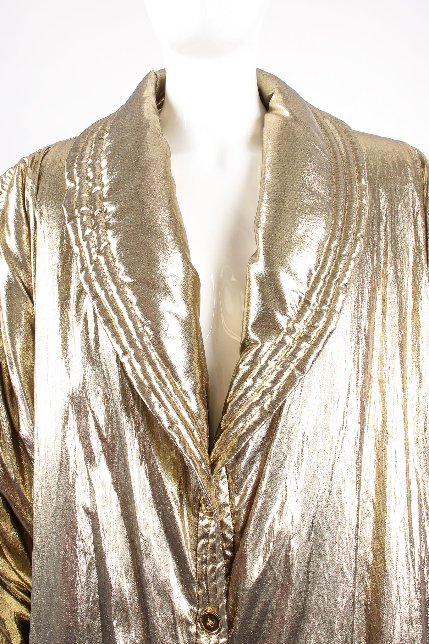 Vintage Maréna Maréna Inc Metallic Lamé Golden Puffer Coat on Mannequin shawl collar at Recess LA