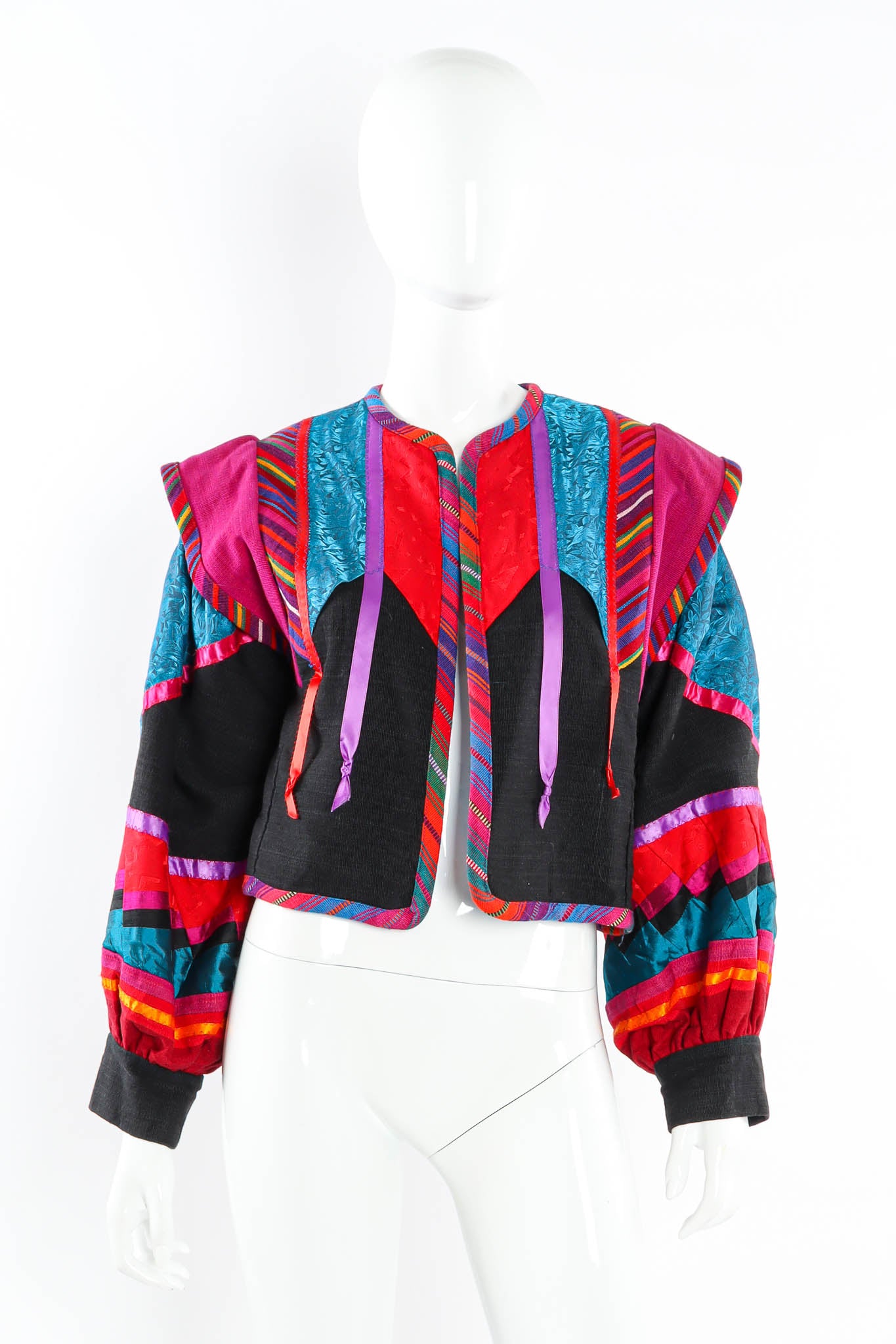 Vintage Margaret Piatt Ribbon Patchwork Crop Jacket mannequin front @ Recess Los Angeles