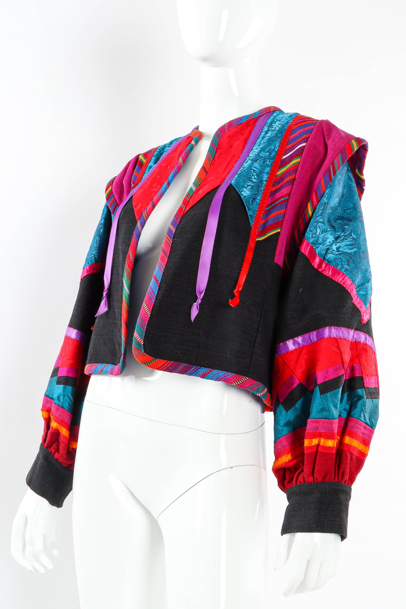 Vintage Margaret Piatt Ribbon Patchwork Crop Jacket mannequin angle @ Recess Los Angeles