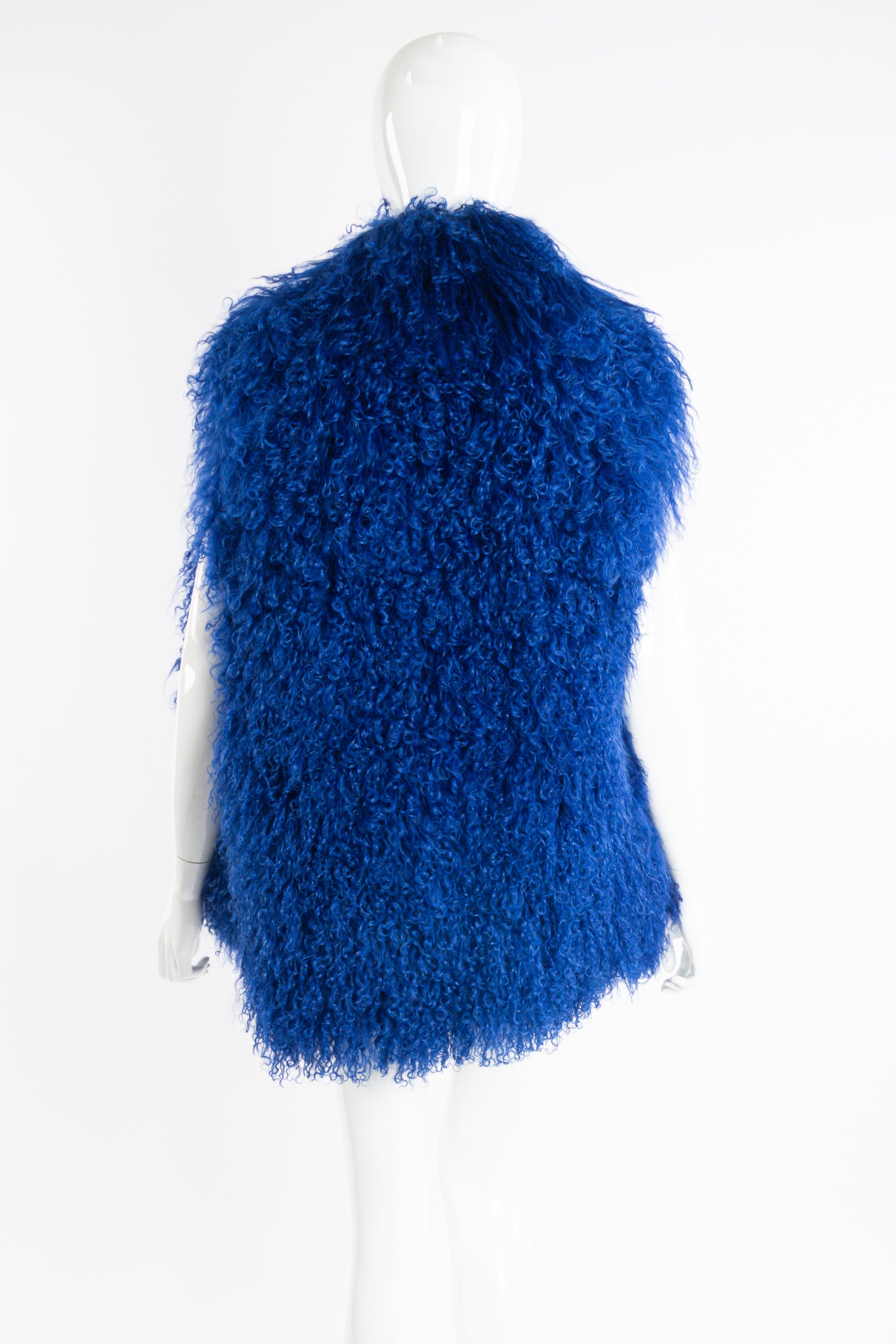 Vintage Marvin Richards Ultramarine Mongolian Fur Vest on Mannequin back at Recess Los Angeles