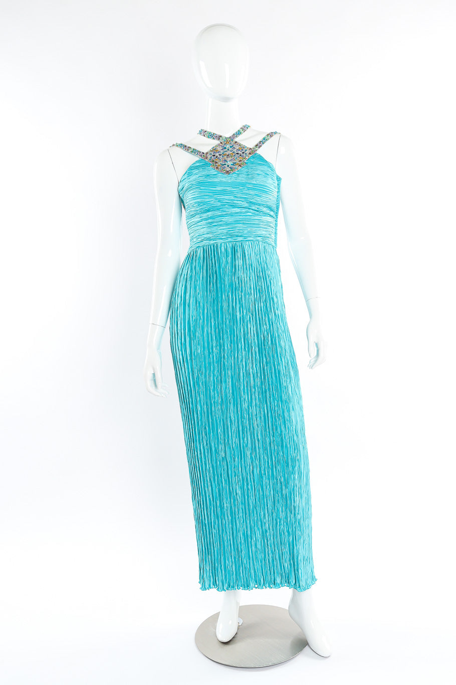 Embellished pleated gown by Mary McFadden on mannequin front full @recessla