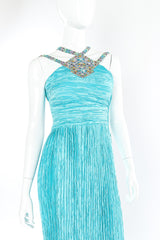 Embellished pleated gown by Mary McFadden on mannequin front close @recessla