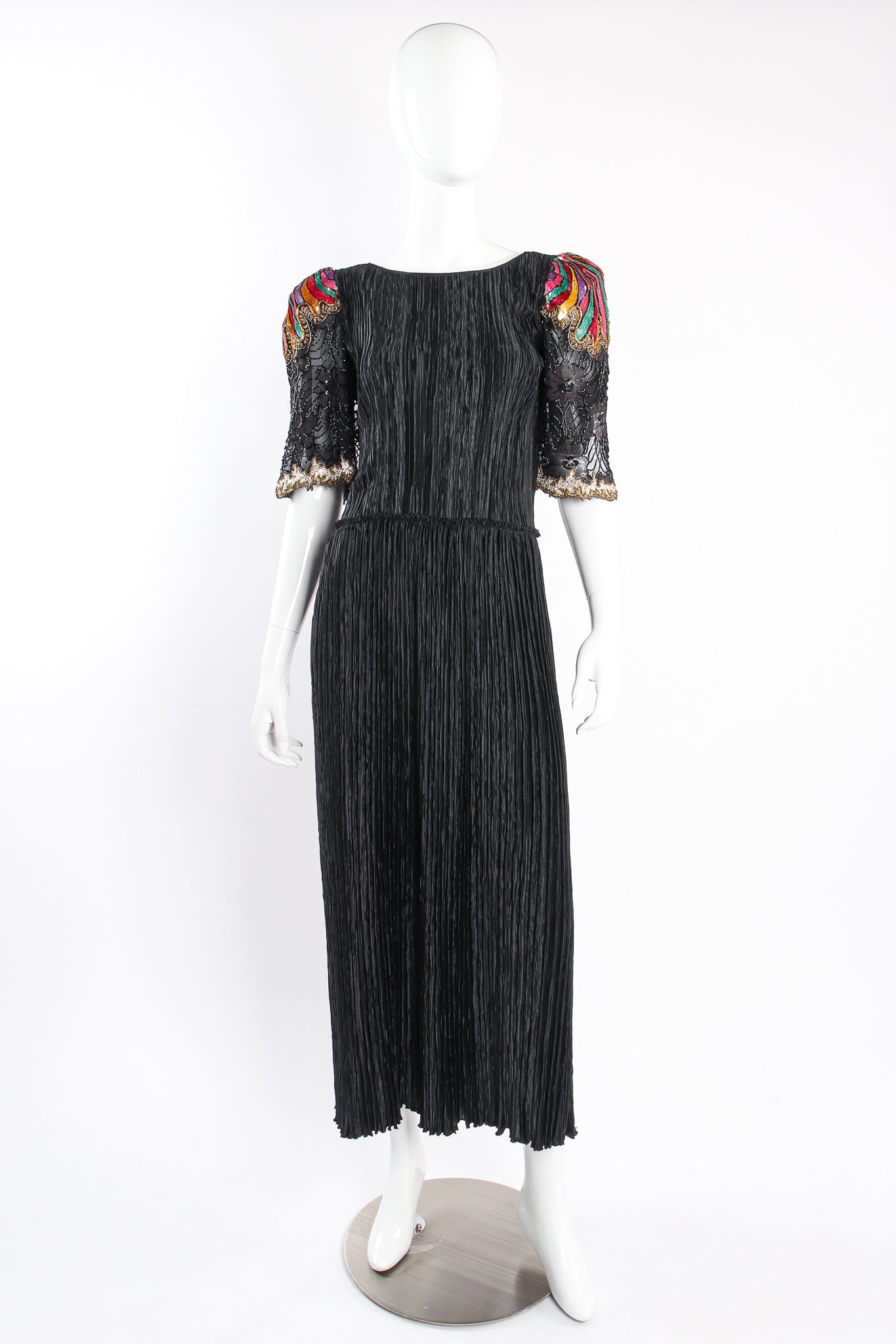 Vintage Mary McFadden Rainbow Sleeve Pleated Dress on Mannequin front at Recess Los Angeles