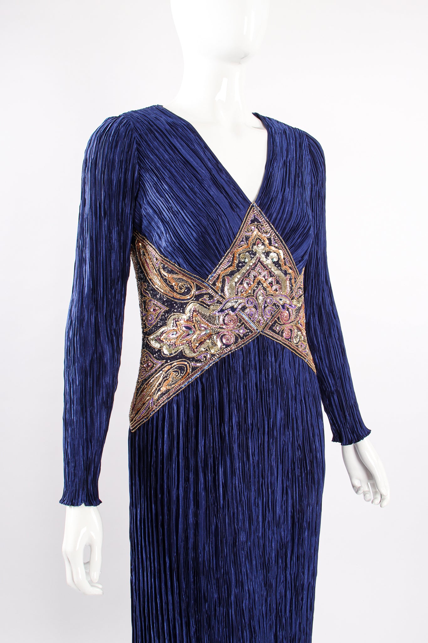 Vintage Mary McFadden Embellished Waist Pleated Gown on Mannequin crop at Recess Los Angeles