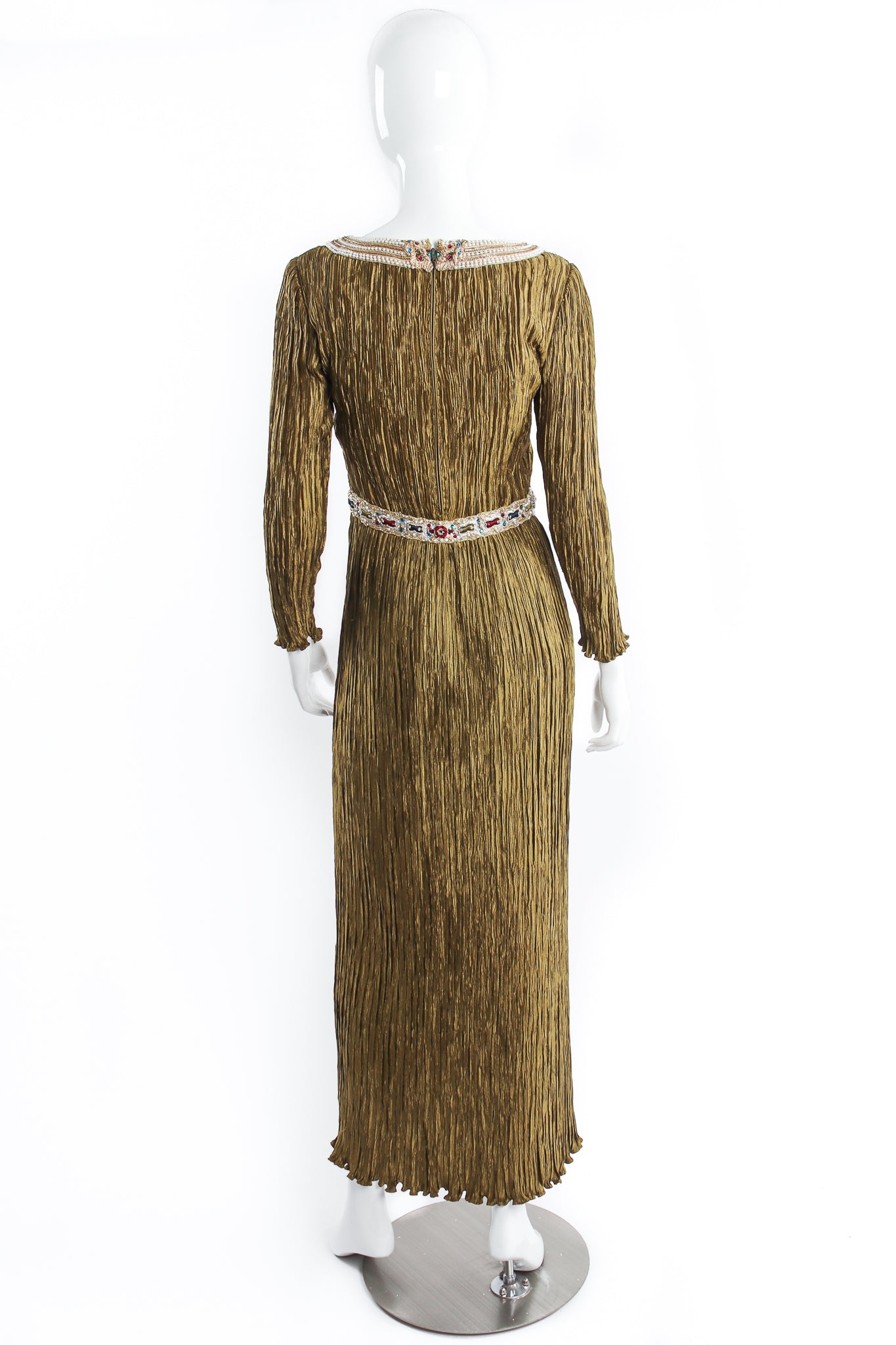 Vintage Mary McFadden Pleated Embellished Column Gown on Mannequin back at Recess Los Angeles