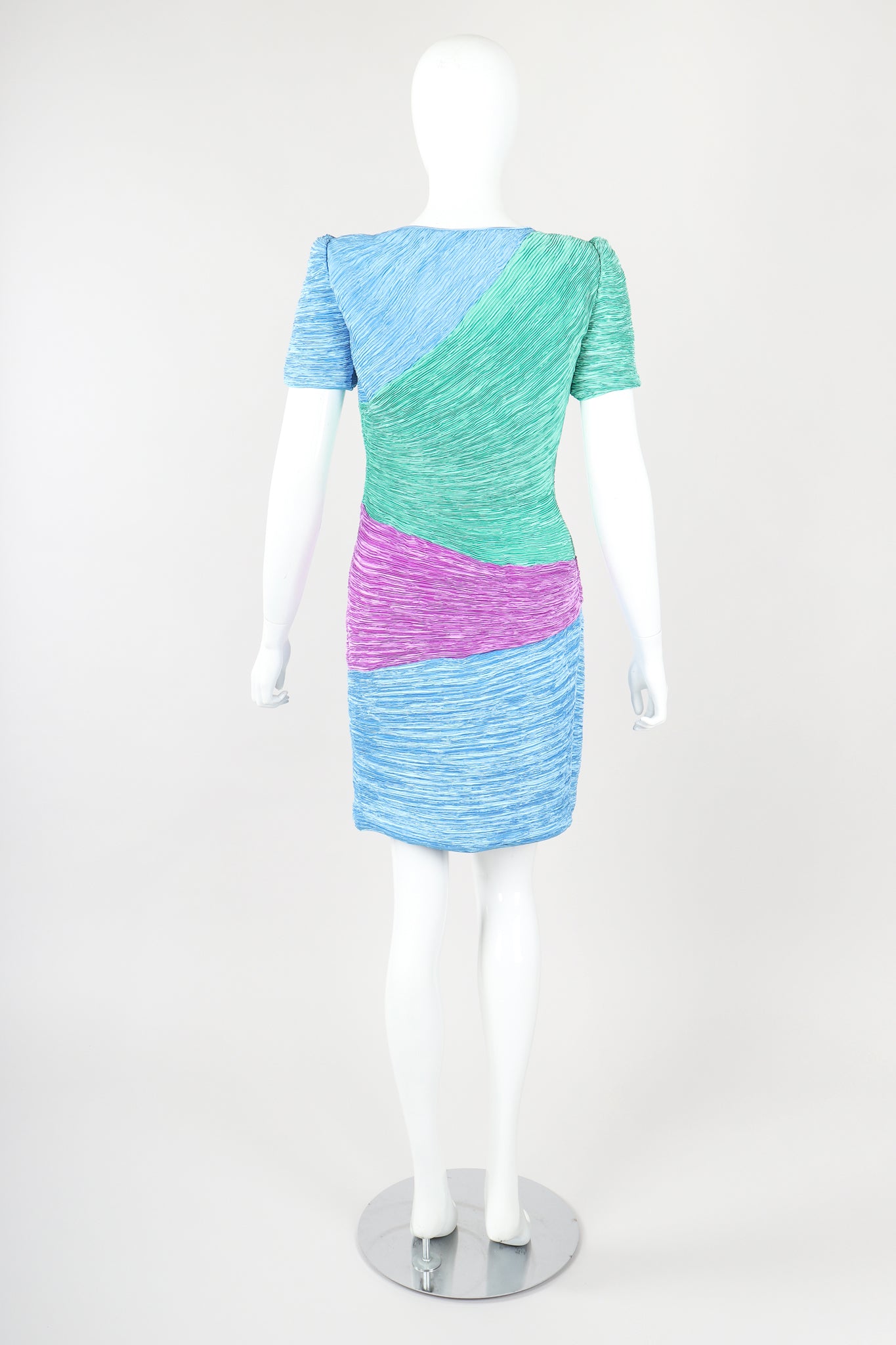 Recess Designer Consignment Vintage Mary McFadden Pleated Colorblock Cocktail Dress Los Angeles Resale Mariano Fortuny