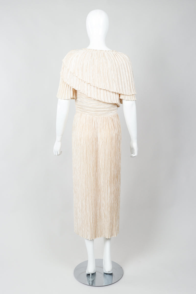 Vintage Mary McFadden Cream Pleated Asymmetrical Draped Collar Dress on Mannequin back at Recess