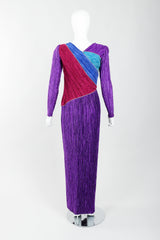 Vintage Mary McFadden Pleated Colorblock Bias Bodice Dress on Mannequin back