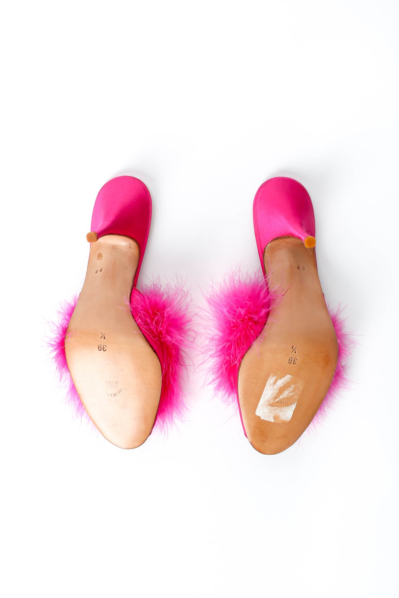 Vintage Maud Frizon Shocking Pink Marabou Mules soles at Recess Los Angeles