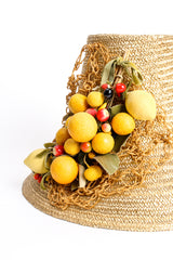 Vintage Maybelle Marie Birch 1945 Fruit Basket Gold Straw Bucket Hat detail fruits @ Recess LA
