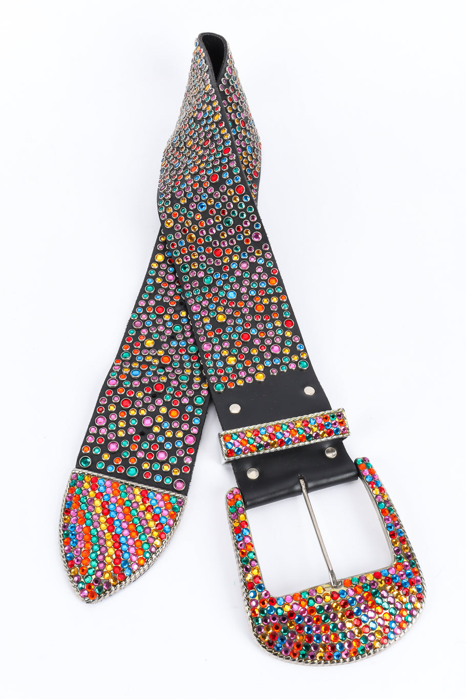 Vintage Michael Morrison MX Rainbow Crystal Studded Leather Belt front cross @ Recess LA