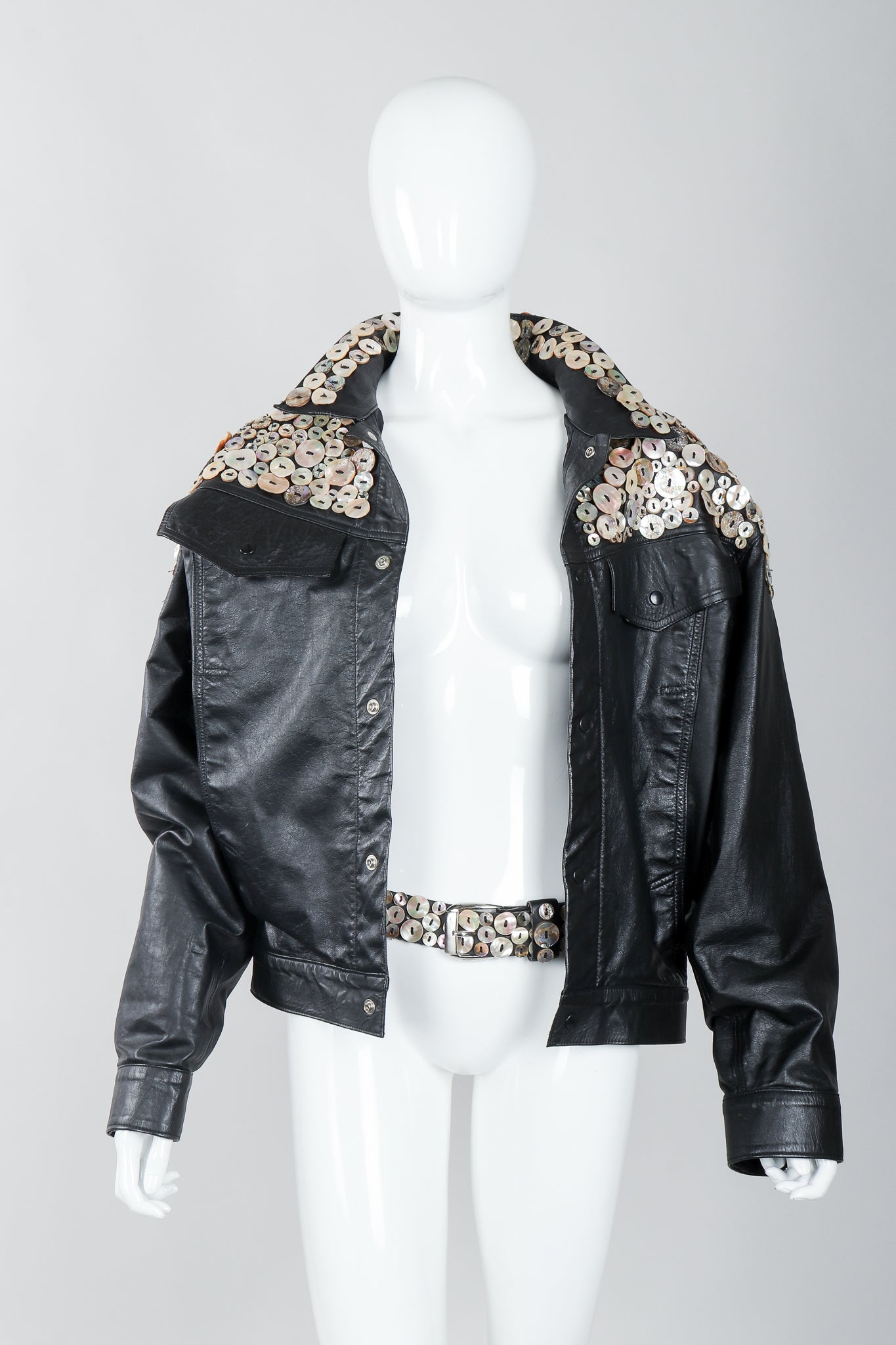 Vintage Michael Morrison Pearl Button Leather Jacket & Belt on mannequin