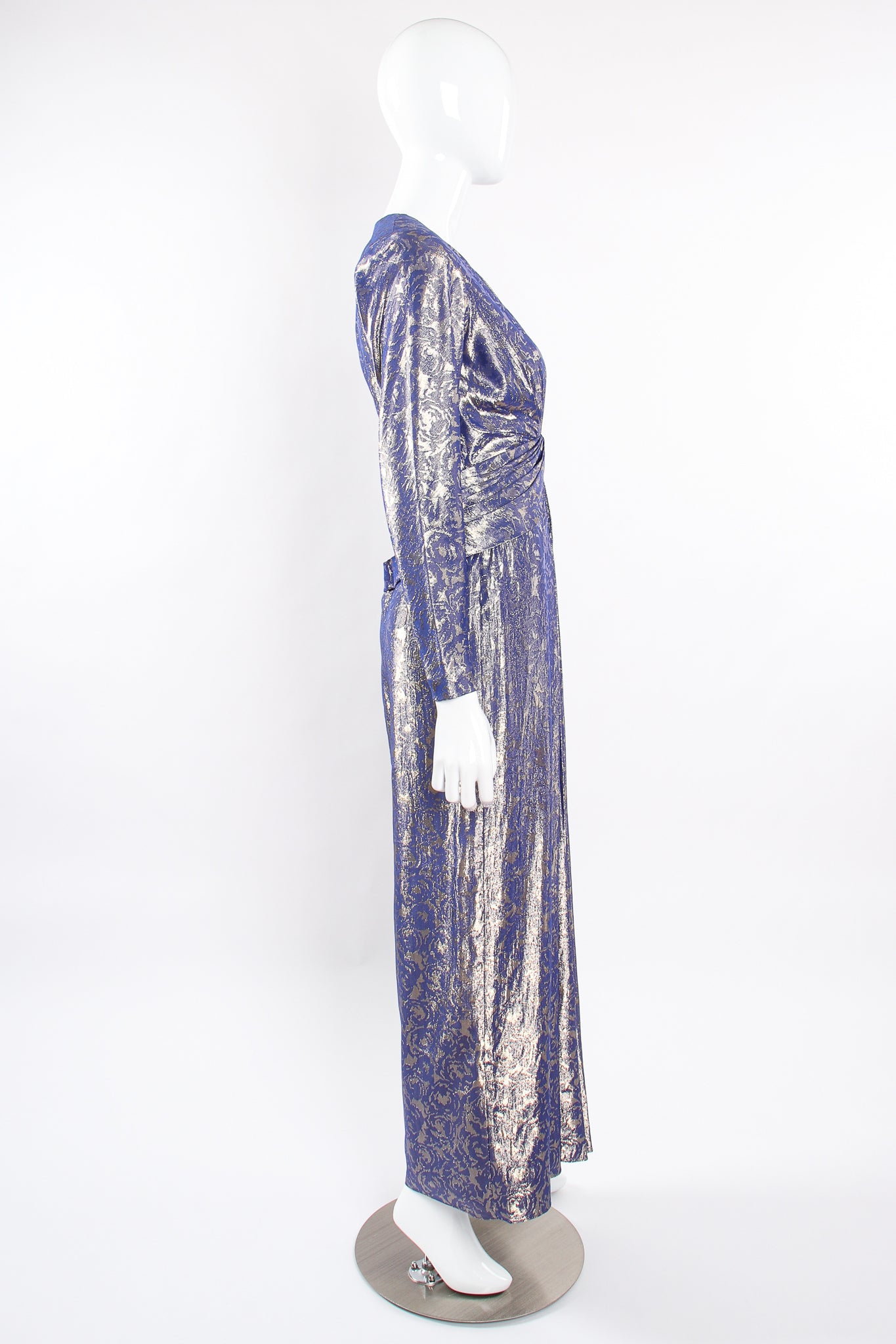 Vintage Mignon Rose Brocade Waist Wrap Dress on Mannequin side at Recess Los Angeles