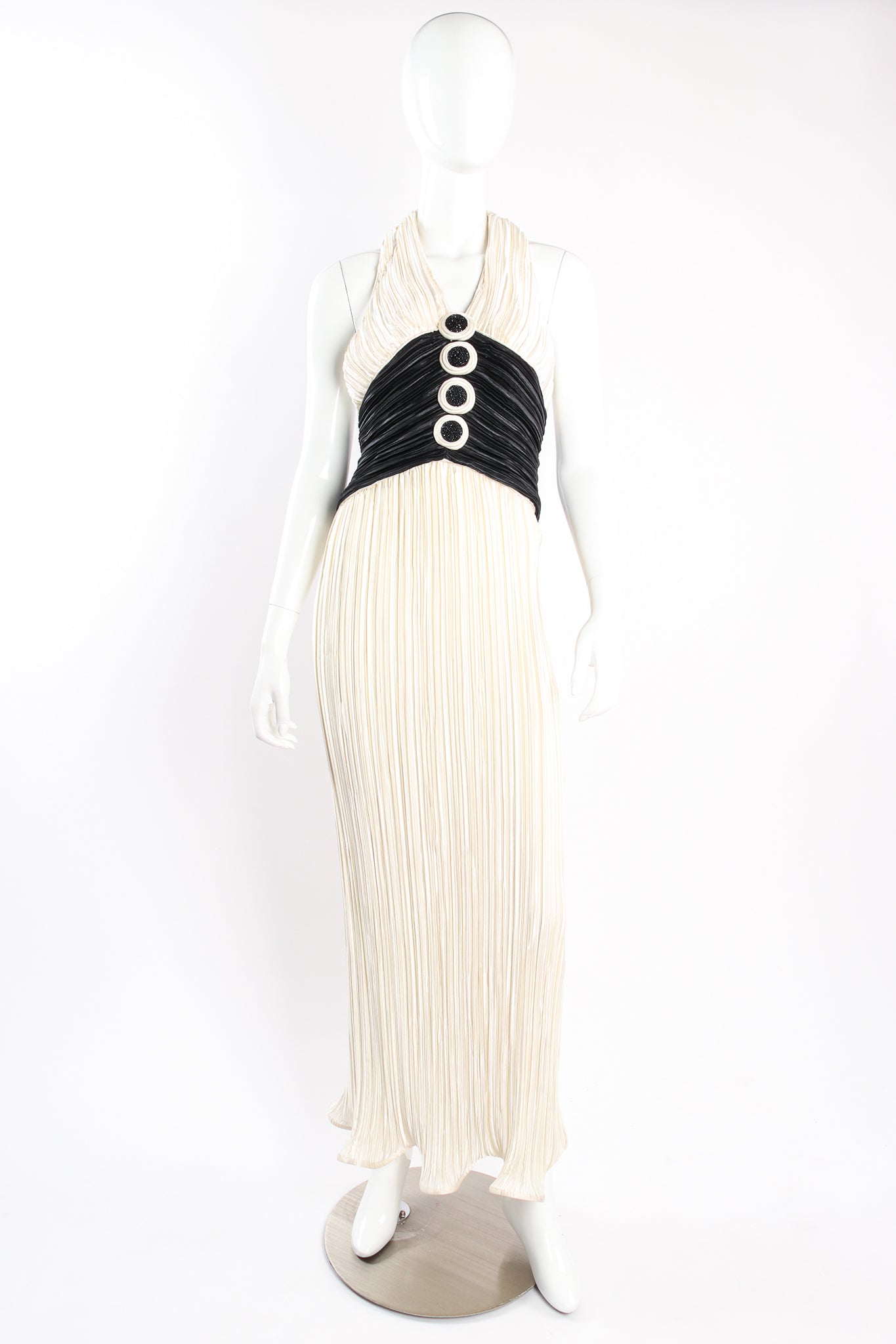 Vintage Milli Pleated Halter Sheath Gown Set on Mannequin front at Recess Los Angeles