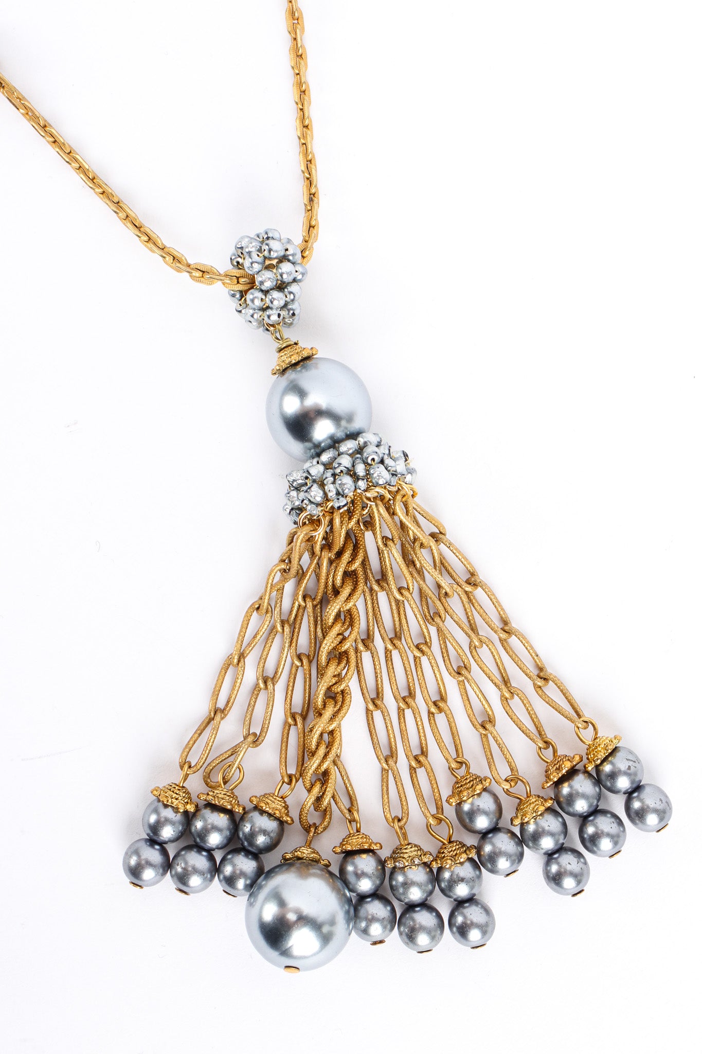 Vintage Miriam Haskell Tahitian Grey Pearl Drape Necklace chain tassel close @ Recess LA