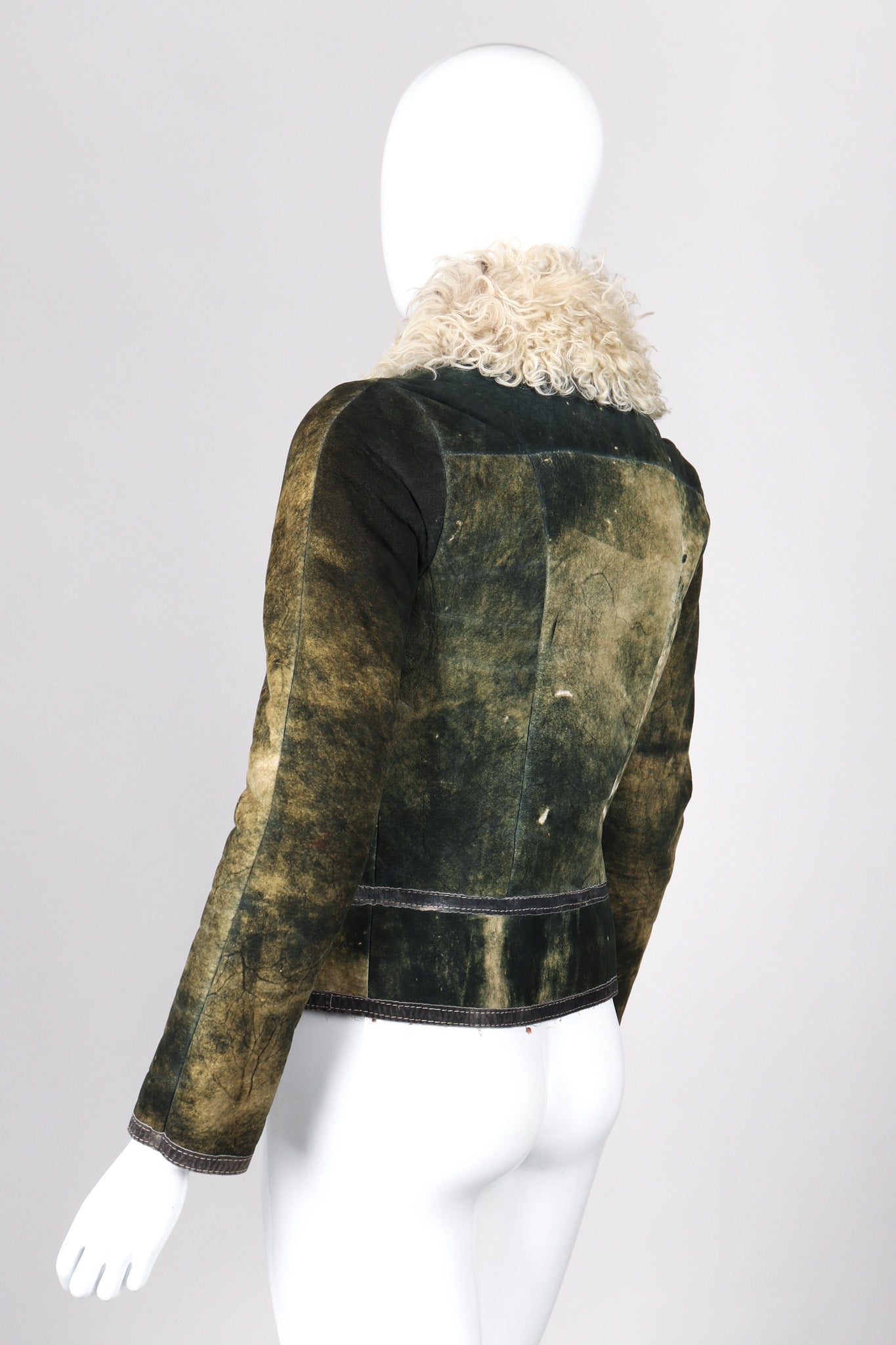 Recess Los Angeles Vintage Miura Marbleized Tie Dye Suede Green Fur Collar Jacket
