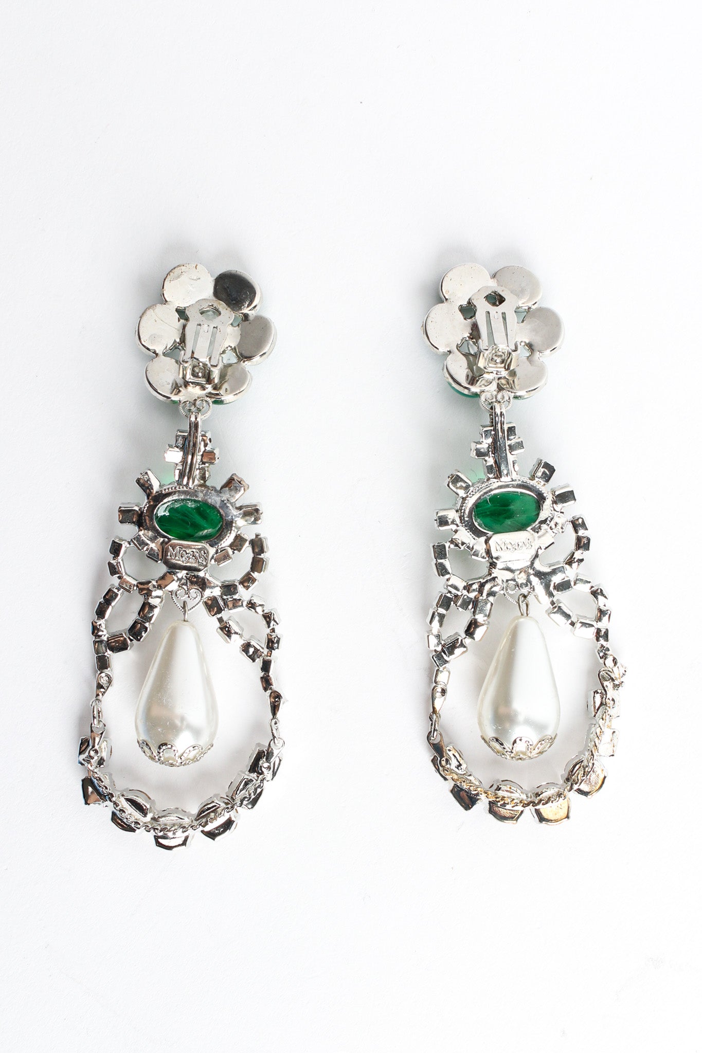 Vintage Moan Floral Crystal Pearl Earrings back flat @ Recess LA