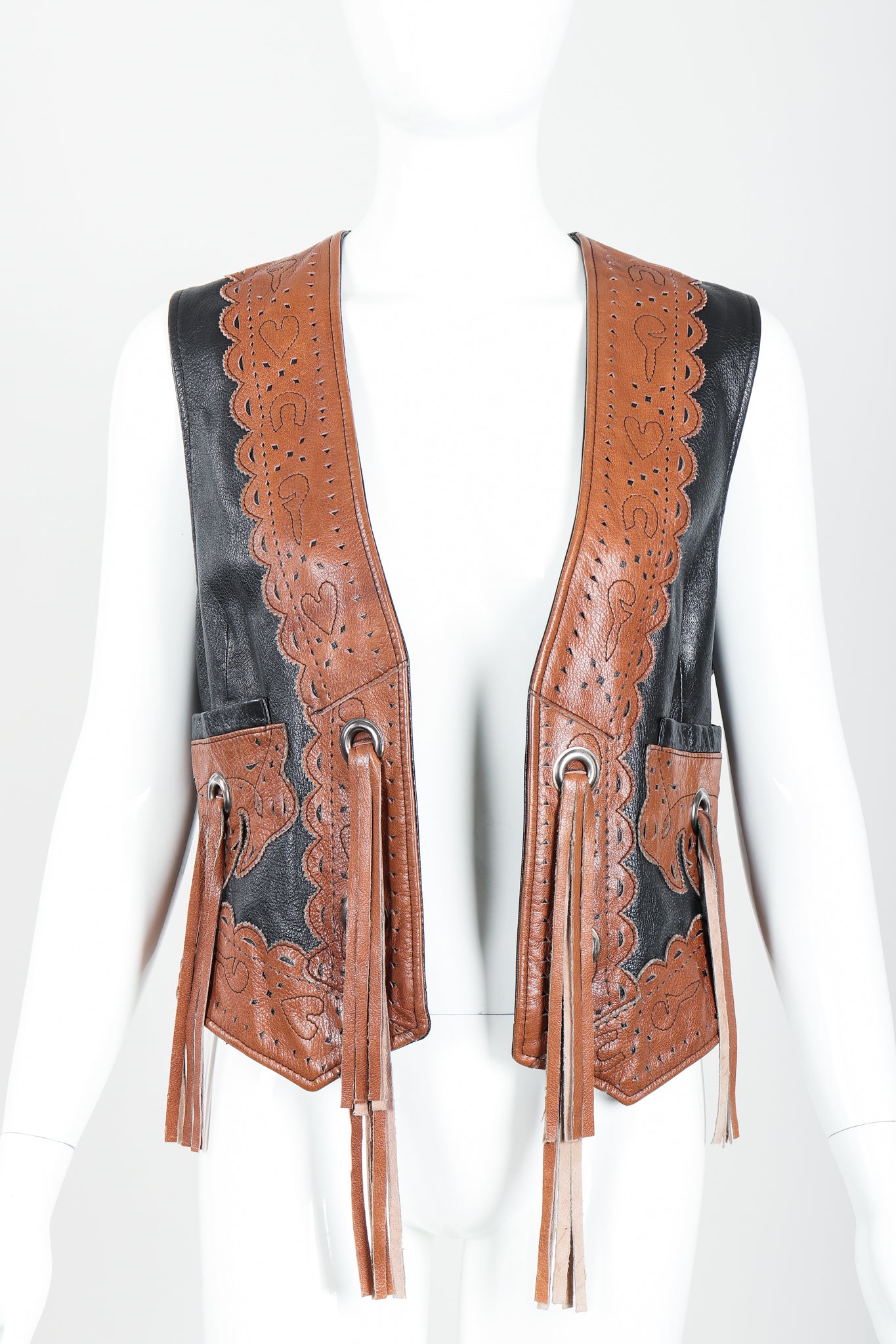 Vintage Moschino Leather Tassel Vest on Mannequin front Crop at Recess Los Angeles