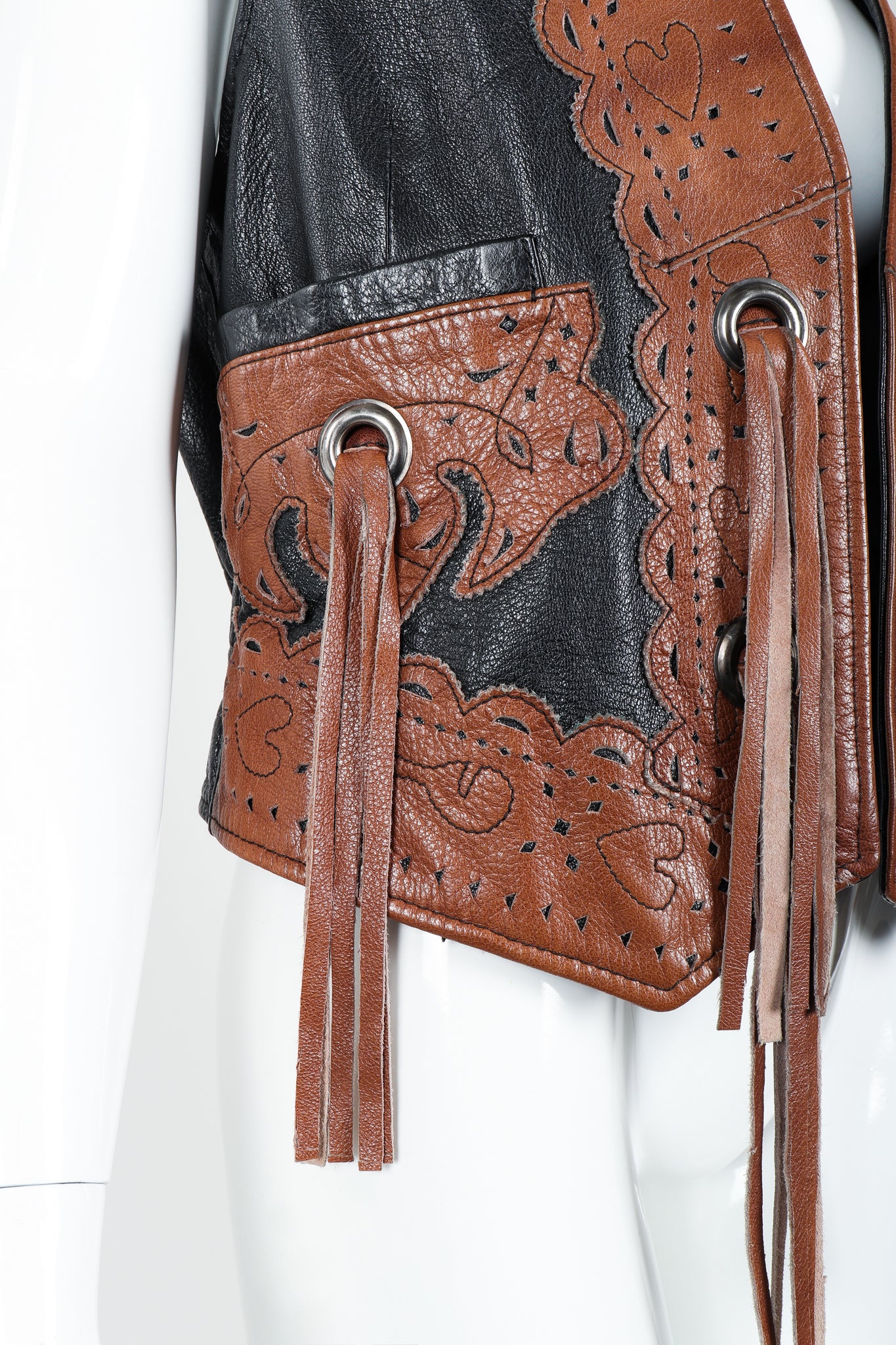 Vintage Moschino Leather Tassel Vest on Mannequin detail Crop at Recess Los Angeles