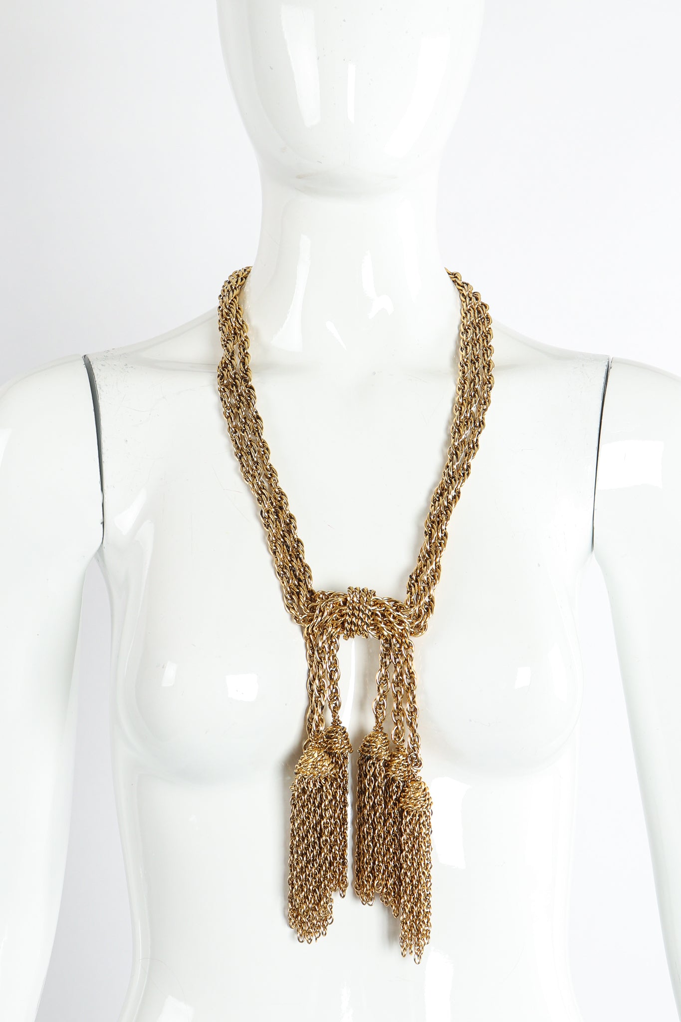 Vintage Moschino Gold Tassel Chain Belt Necklace on Mannequin at Recess Los Angeles
