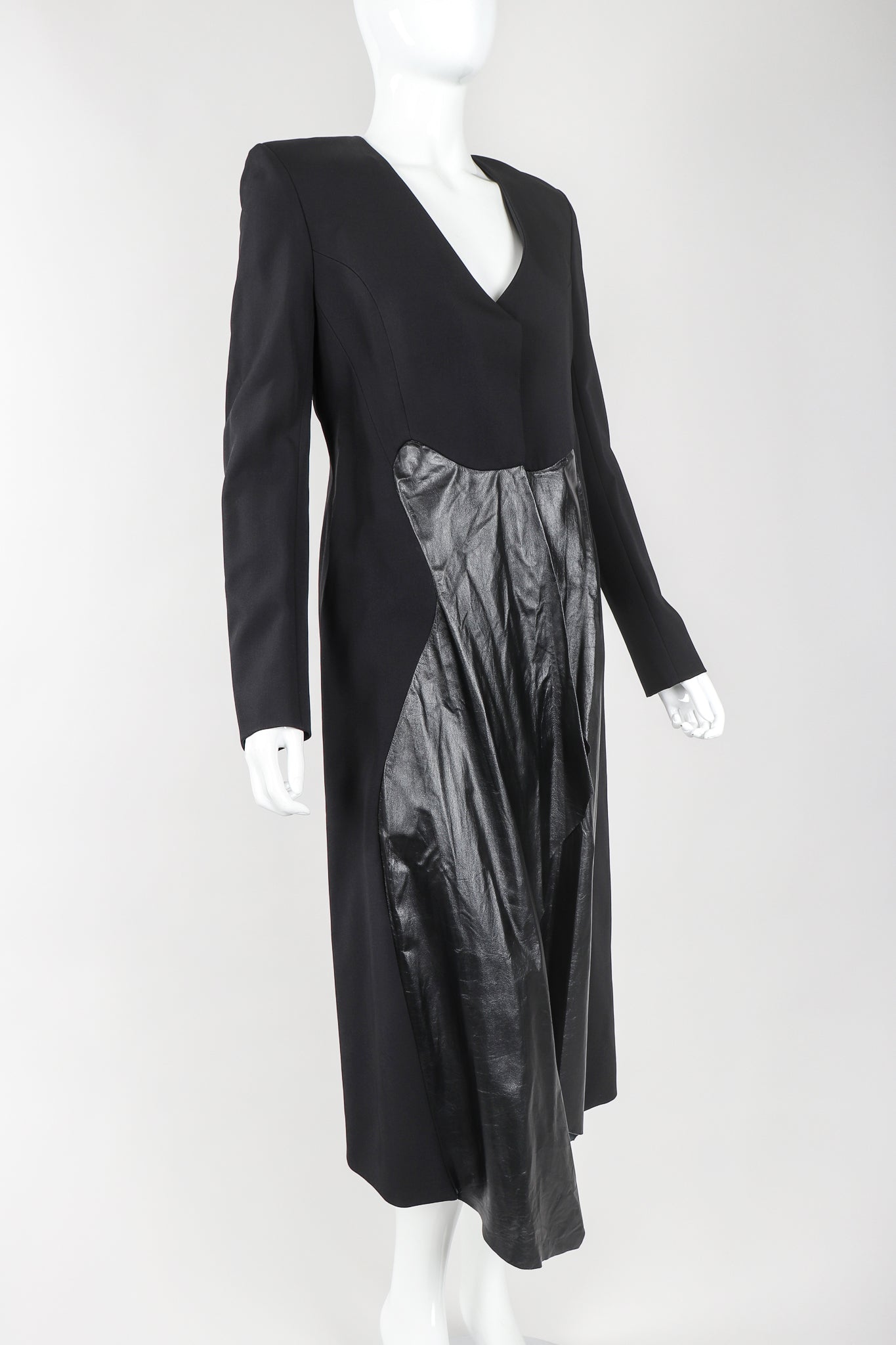 Recess Vintage Mugler Black Leather and Wool Tail Coat on Mannequin, Side View