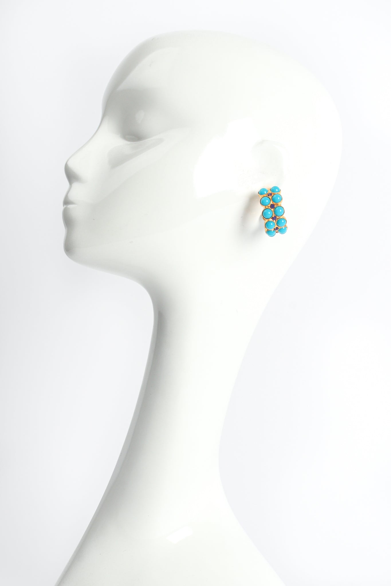 Vintage William deLillo Turquoise Cabochon Hoop Earrings on Mannequin at Recess Los Angeles