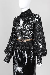 Recess Los Angeles Vintage Sheer Leather Appliqué Mesh Balloon Sleeve Blouse