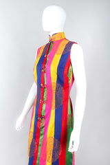 Vintage No Label Multicolor Rainbow Striped Mandarin Collar Frog Closures Embossed Asian Print
