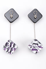 Recess Los Angeles Vintage Marbleized Lucite Cube Drop Purple Silver Earrings Inner Painted Thin Silver Chain