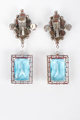 Recess Los Angeles Vintage No Label Blue Beveled Glass Diamond Shaped Cluster Rhinestone Drop Earrings