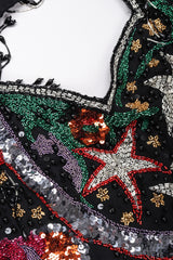 Recess Los Angeles Vintage Beaded Stars Backless Fringe Gown