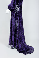 Vintage Sheer Silk Velvet Bishop Bubble Sleeve Burnout Gown on Mannequin, Train Detail
