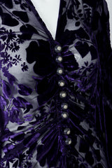 Vintage Sheer Silk Velvet Bishop Bubble Sleeve Burnout Gown Button Detail