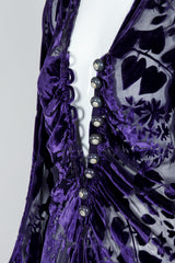 Vintage Sheer Silk Velvet Bishop Bubble Sleeve Burnout Gown on Mannequin front detail, unbuttoned