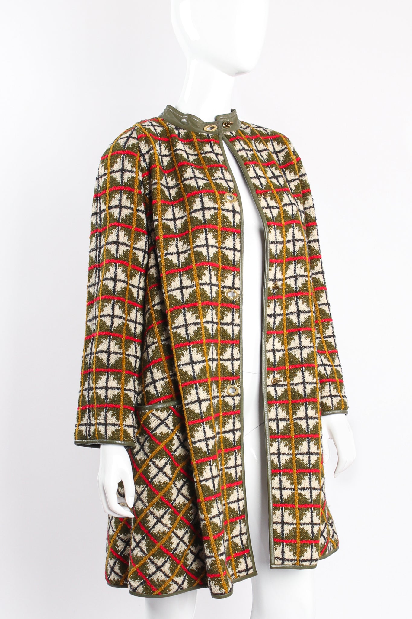 Vintage Bonnie Cashin Sills Argyle Turnlock Blanket Coat on mannequin open at Recess Los Angeles