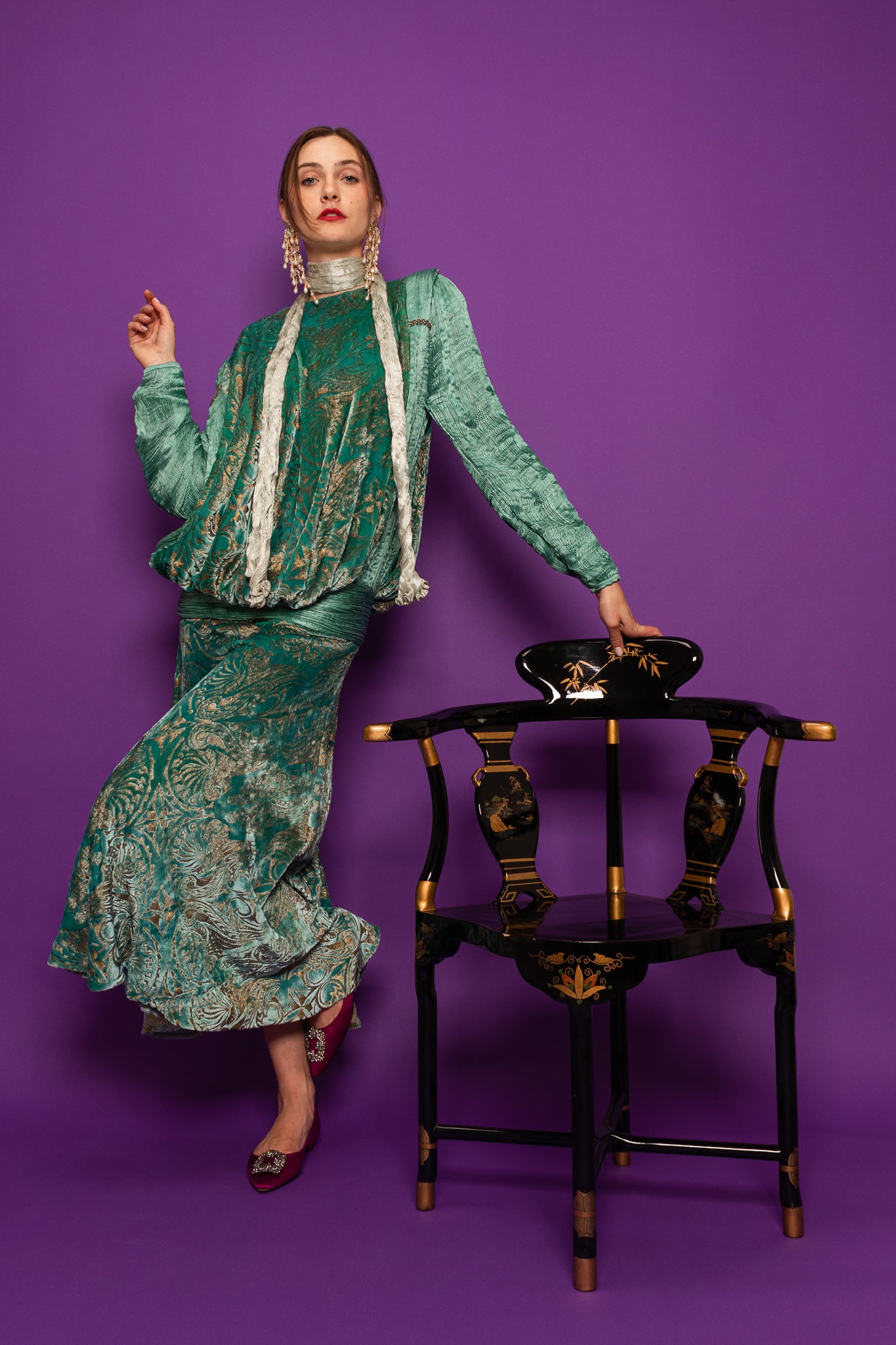 Vintage Silk Velvet Pleated Drape Dress on Model Emily @ Recess Los Angeles