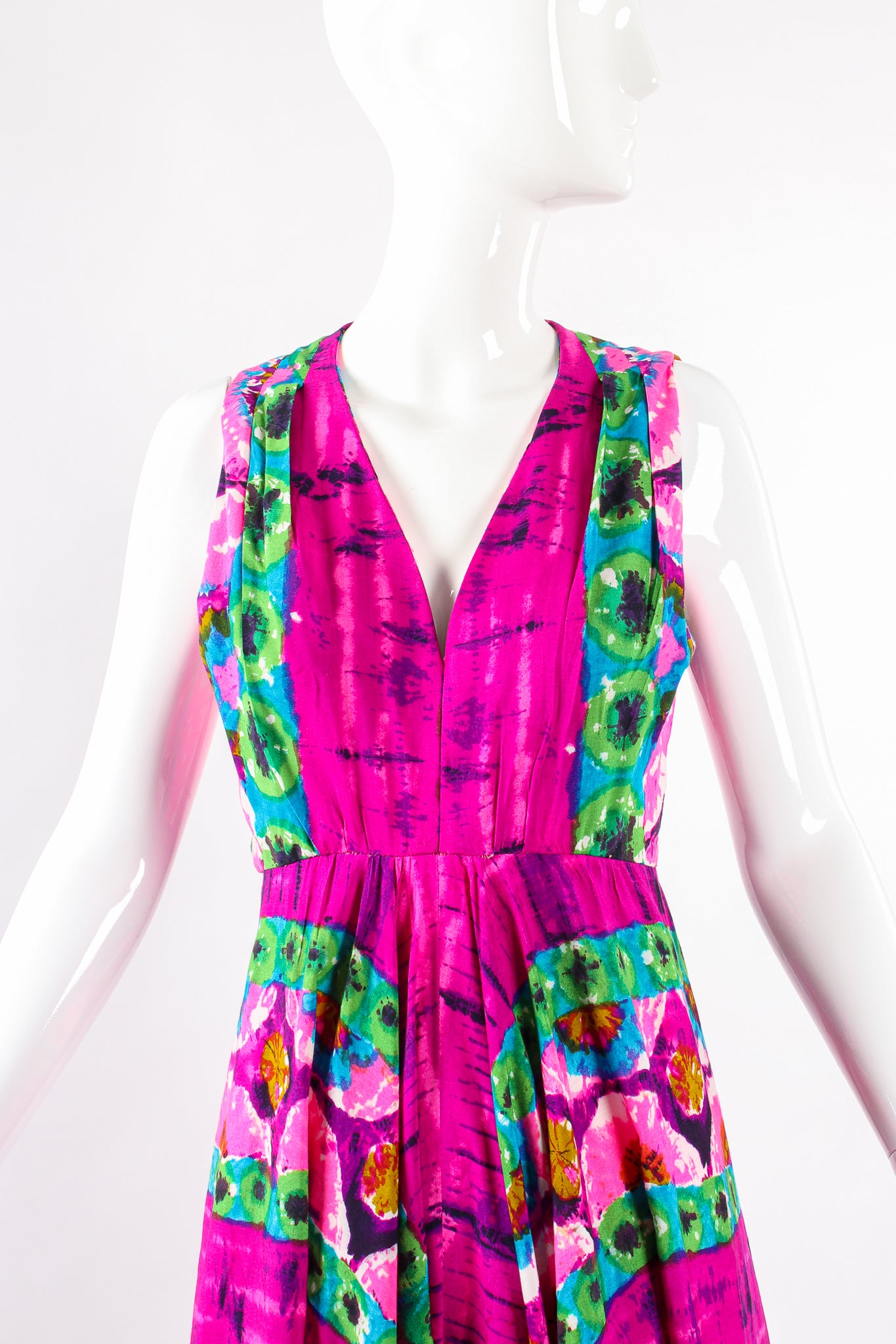 Vintage Tie Dye Print Palazzo Jumpsuit on Mannequin neckline at Recess Los Angeles