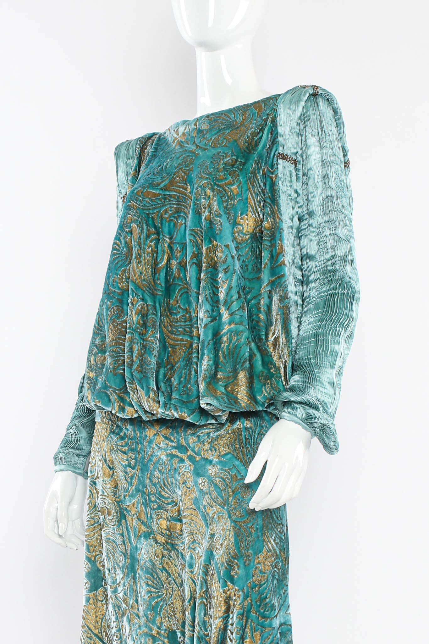 Vintage Silk Velvet Pleated Drape Dress mannequin close front @ Recess Los Angeles