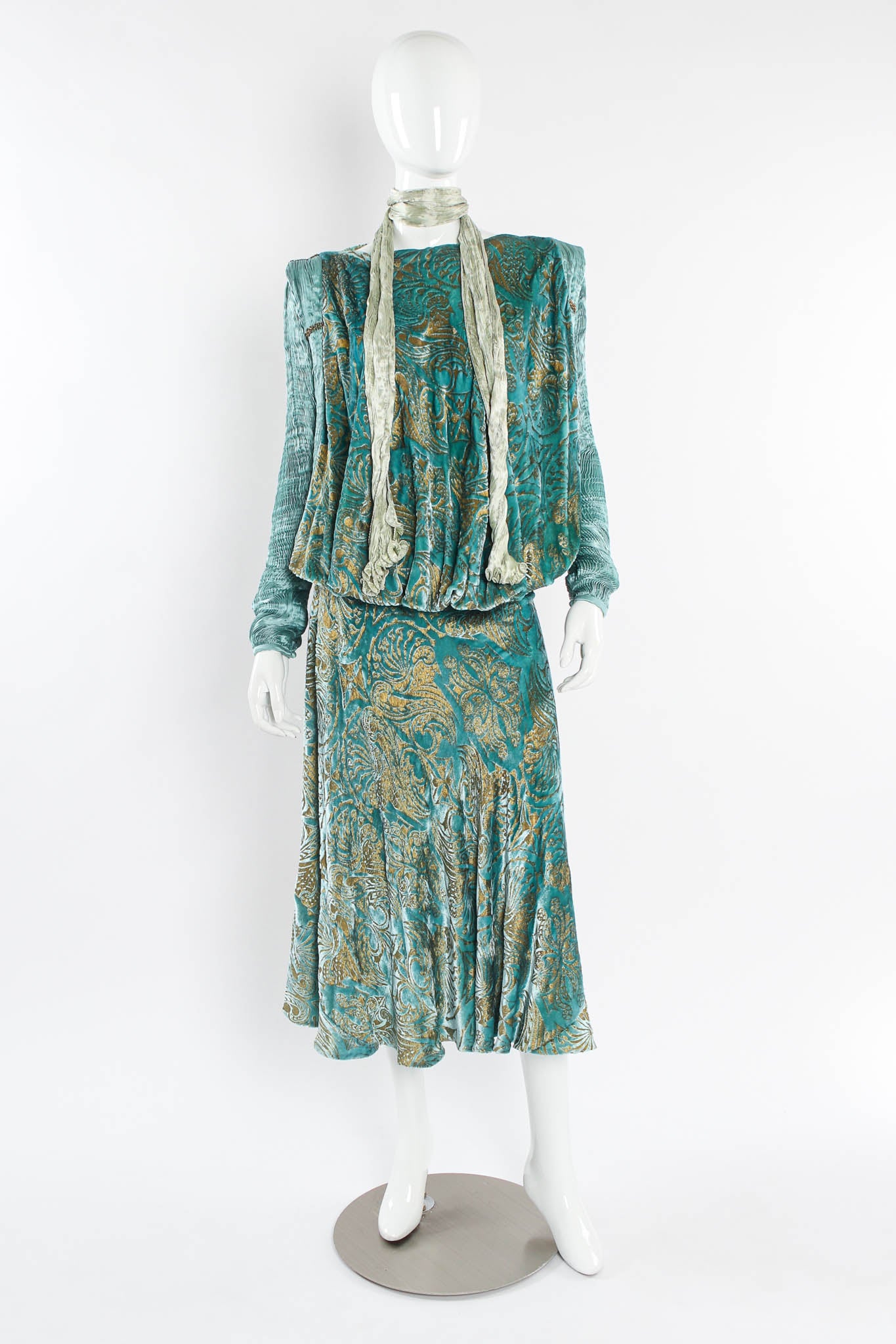 Vintage Silk Velvet Pleated Drape Dress mannequin front @ Recess Los Angeles