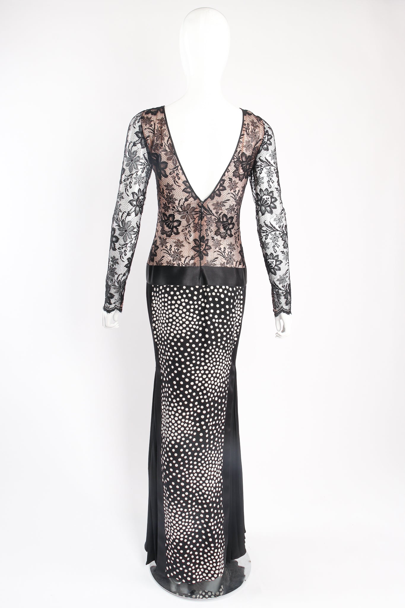 Vintage Unsigned Galanos Lace Drop Waist Contour Collage Gown on mannequin back at Recess LA