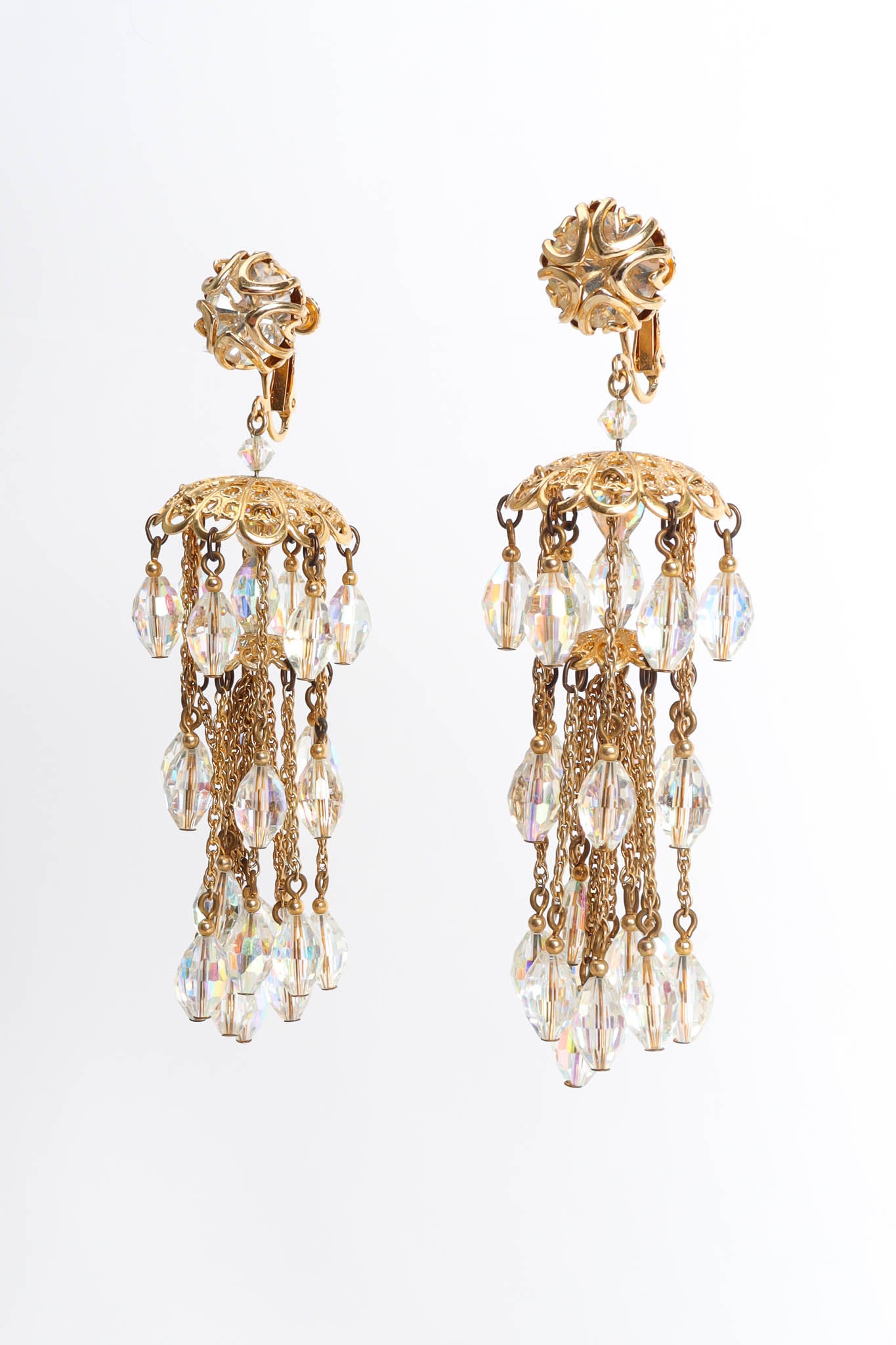 Vintage Napier Tiered Crystal Chandelier Earrings angle front hang @ Recess Los Angeles