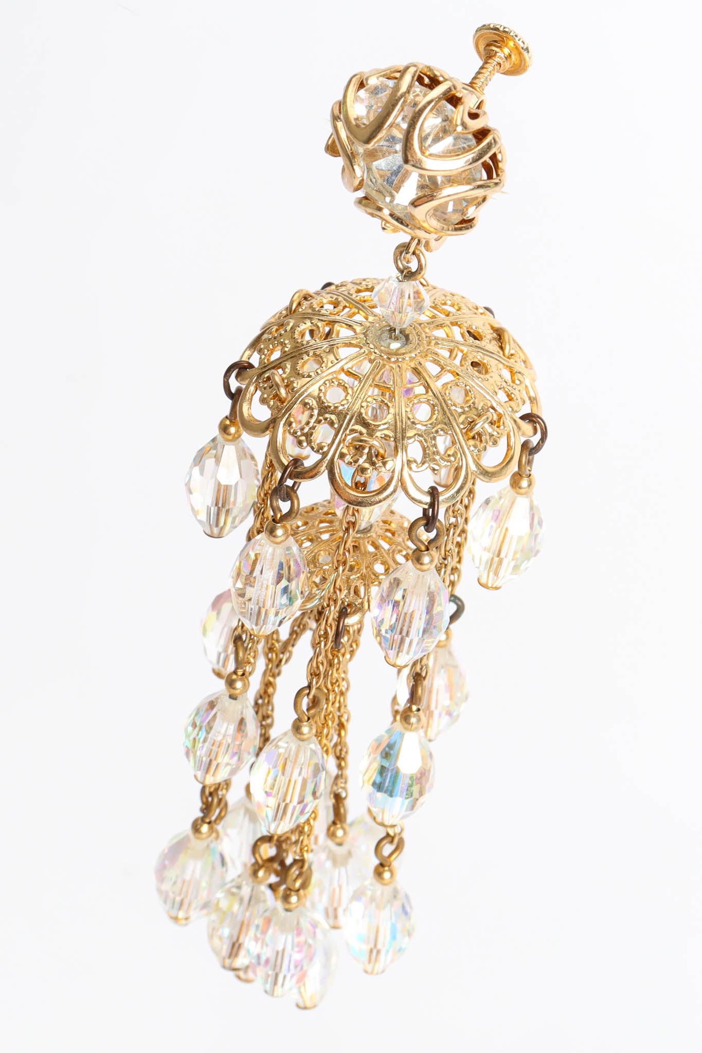 Vintage Napier Tiered Crystal Chandelier Earrings filigree bell close @ Recess Los Angeles
