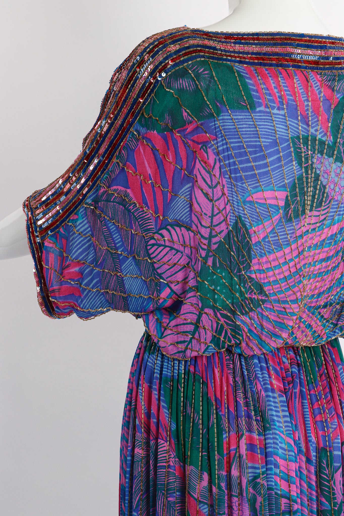 Vintage Judith Ann Creations Beaded Palm Print Dress on Mannequin sleeve at Recess Los Angeles