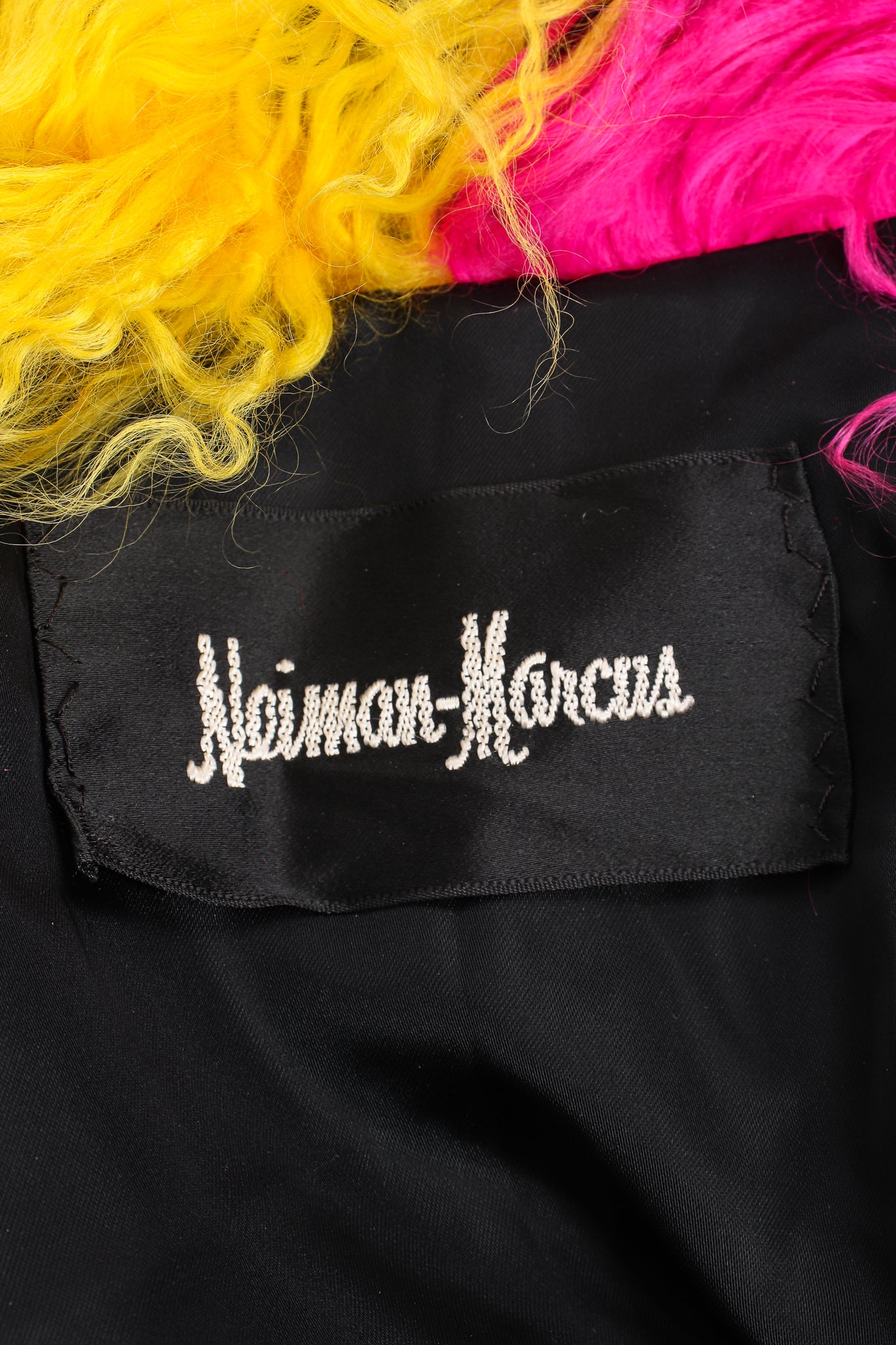 Vintage Neiman Marcus Rainbow Mosaic Mongolian Fur Coat label at Recess Los Angeles