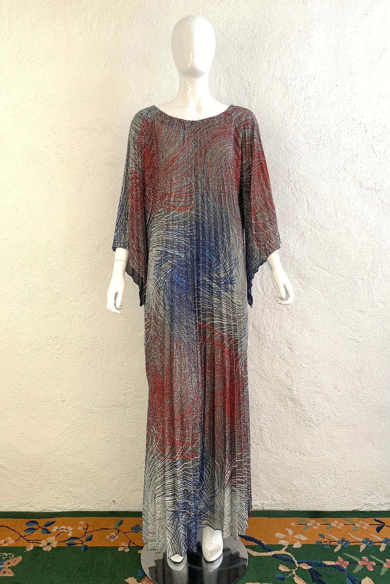 Vintage Nite N' Day by Georgie Keyloun Metallic Pleated Caftan on Mannequin Front at Recess
