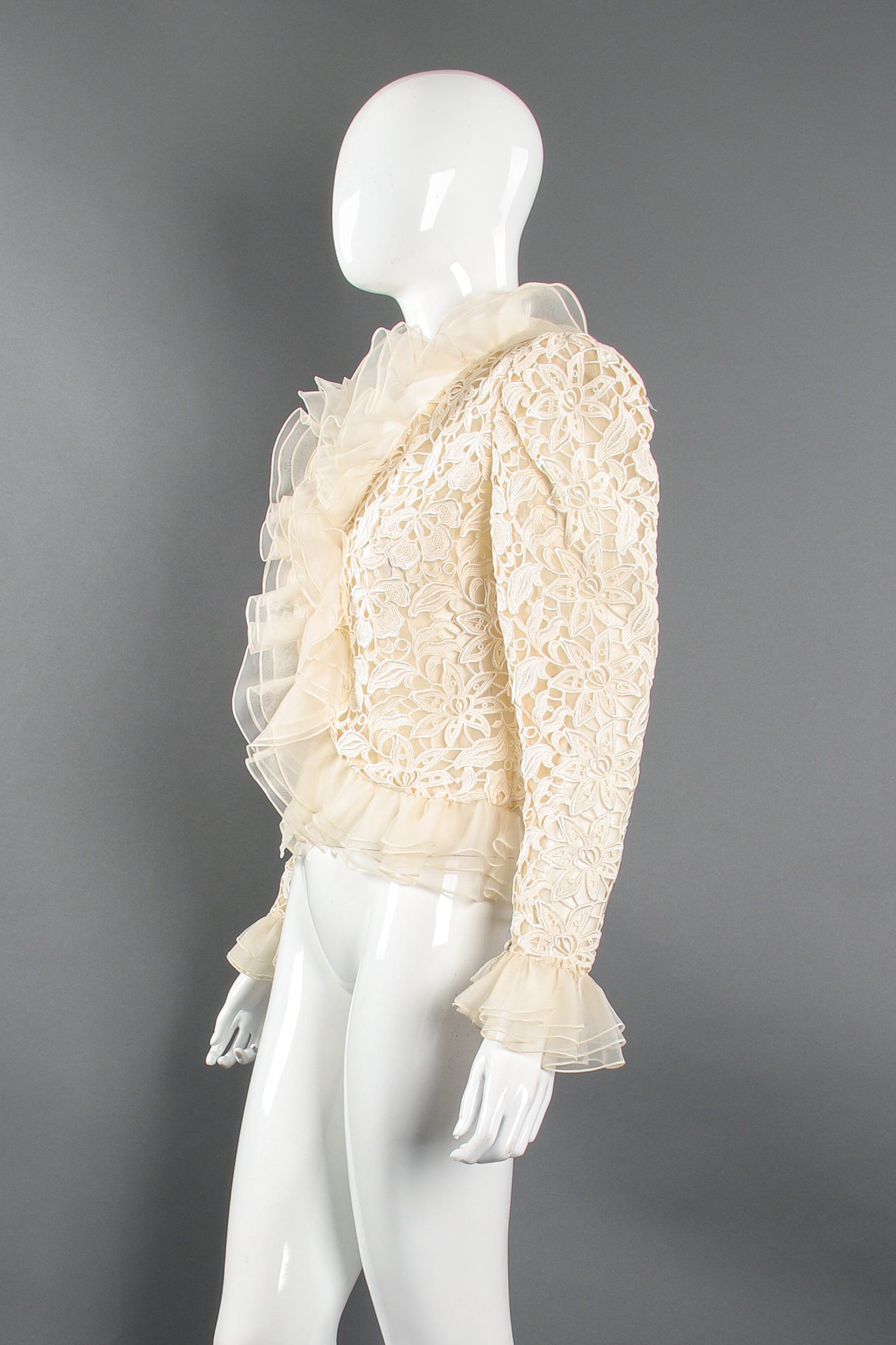 Vintage Nolan Miller Dynasty Lace Ruffle Bridal Wedding Jacket on Mannequin side at Recess LA