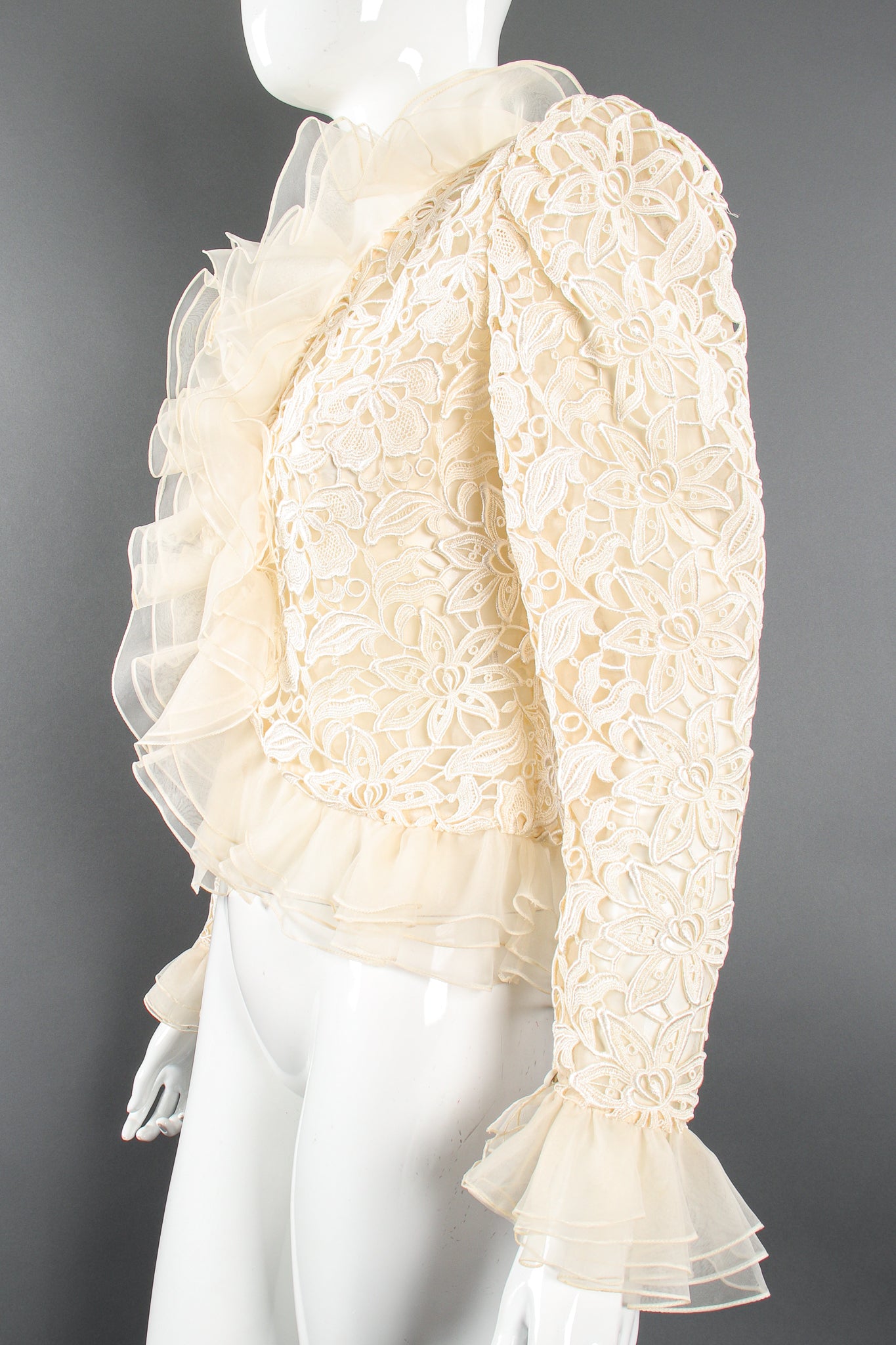 Vintage Nolan Miller Dynasty Lace Ruffle Bridal Wedding Jacket on Mannequin crop at Recess LA