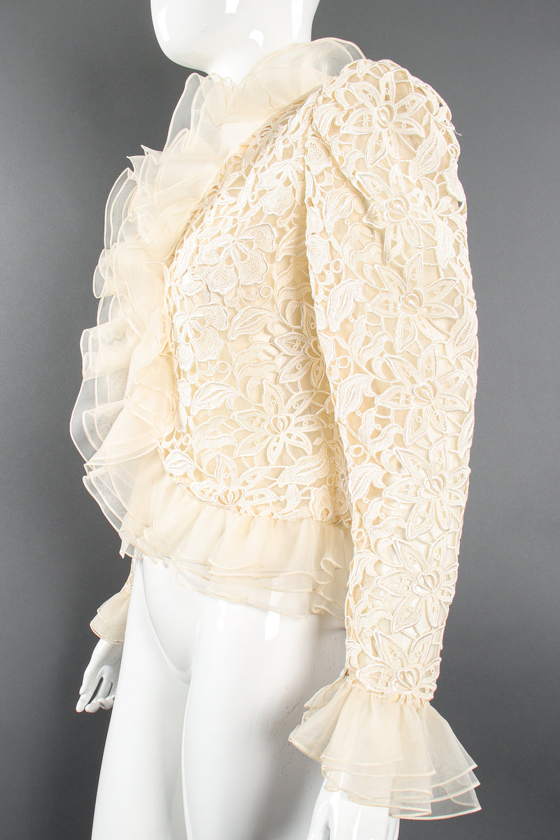 Vintage Nolan Miller Dynasty Lace Ruffle Bridal Wedding Jacket on Mannequin crop at Recess LA