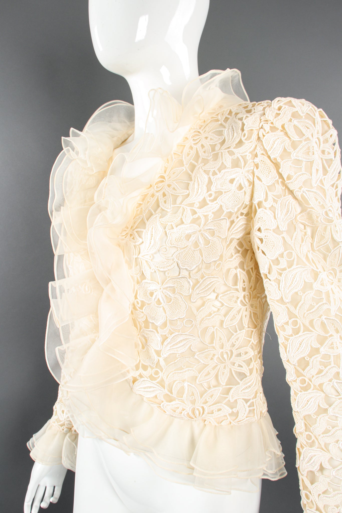 Vintage Nolan Miller Dynasty Lace Ruffle Bridal Wedding Jacket on Mannequin angle at Recess LA