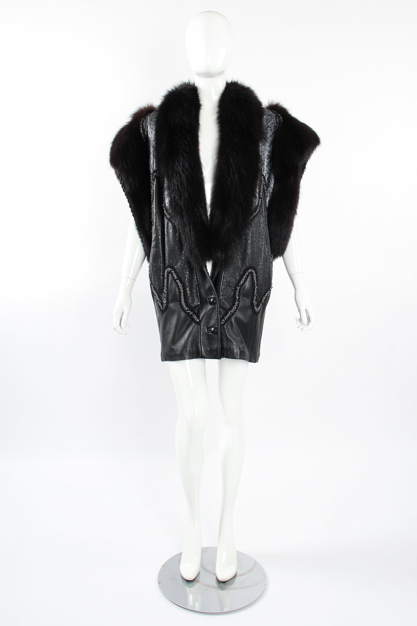 Vintage Norma Canada Long Leather & Fur Vest on Mannequin front at Recess Los Angeles